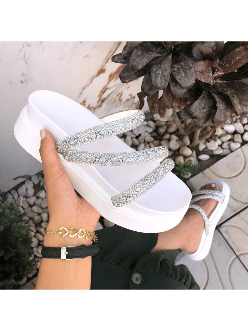 Papete Birken Plataforma Alta Sandália Feminina 3 Tiras Z 15 - Tamanco Anabela Flatform Strass Brilho - Branca Rose Caramelo Preta Pedraira Lançamento