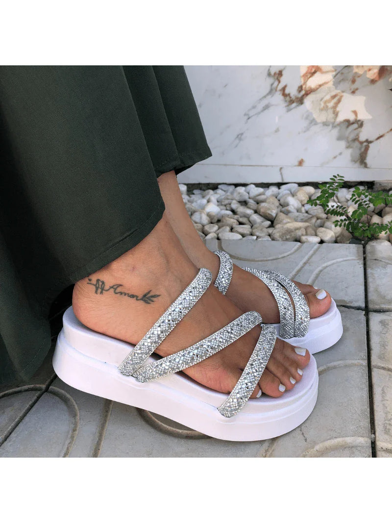 Papete Birken Plataforma Alta Sandália Feminina 3 Tiras Z 15 - Tamanco Anabela Flatform Strass Brilho - Branca Rose Caramelo Preta Pedraira Lançamento