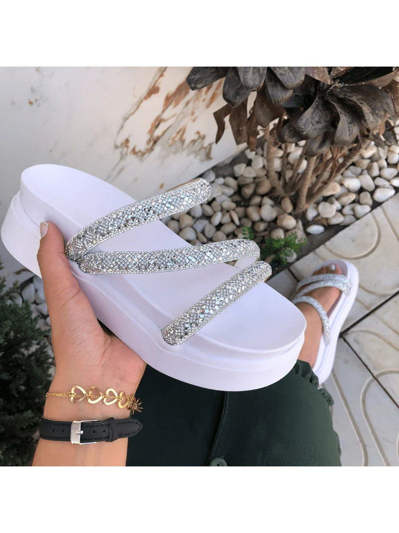 Papete Birken Plataforma Alta Sandália Feminina 3 Tiras Z 15 - Tamanco Anabela Flatform Strass Brilho - Branca Rose Caramelo Preta Pedraira Lançamento