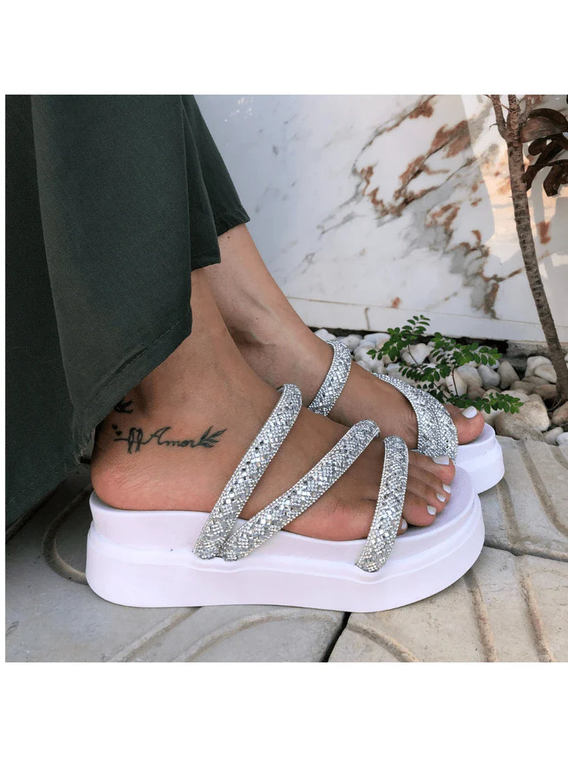 Papete Birken Plataforma Alta Sandália Feminina 3 Tiras Z 15 - Tamanco Anabela Flatform Strass Brilho - Branca Rose Caramelo Preta Pedraira Lançamento