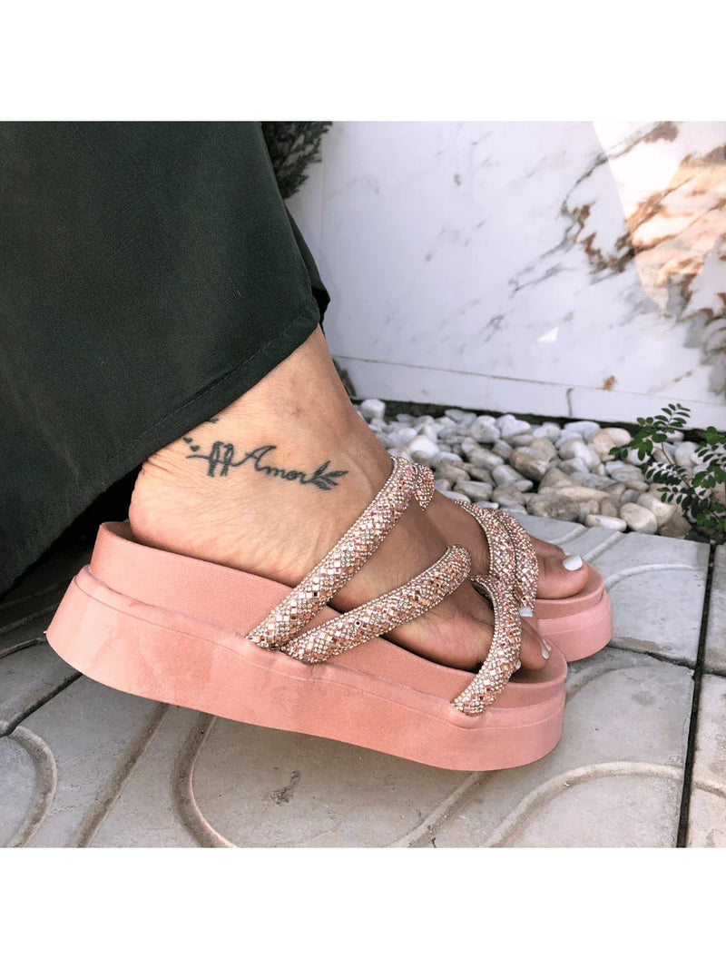 Papete Birken Plataforma Alta Sandália Feminina 3 Tiras Z 15 - Tamanco Anabela Flatform Strass Brilho - Branca Rose Caramelo Preta Pedraira Lançamento