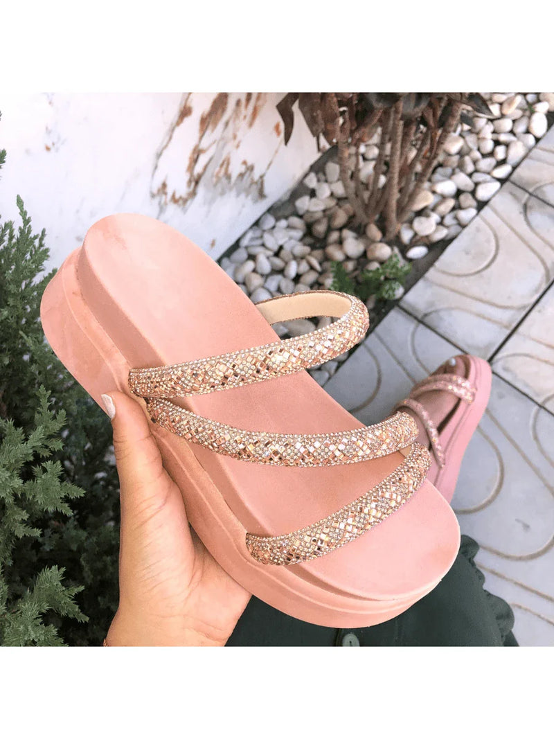 Papete Birken Plataforma Alta Sandália Feminina 3 Tiras Z 15 - Tamanco Anabela Flatform Strass Brilho - Branca Rose Caramelo Preta Pedraira Lançamento