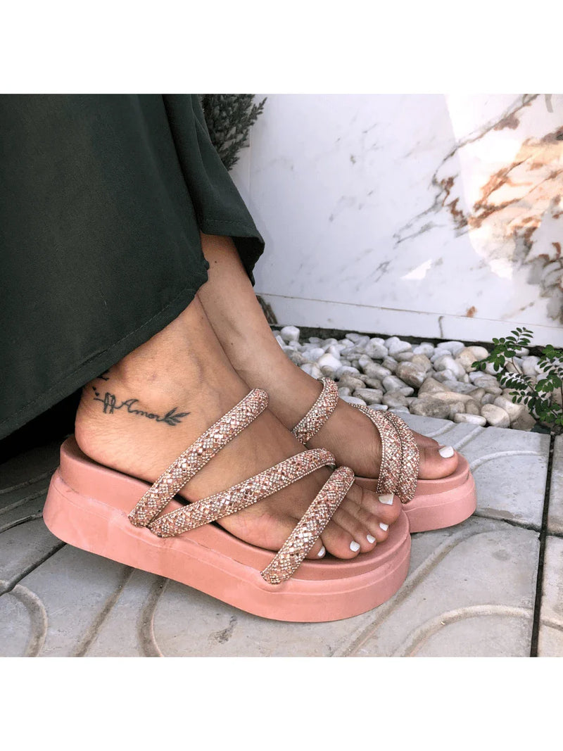 Papete Birken Plataforma Alta Sandália Feminina 3 Tiras Z 15 - Tamanco Anabela Flatform Strass Brilho - Branca Rose Caramelo Preta Pedraira Lançamento