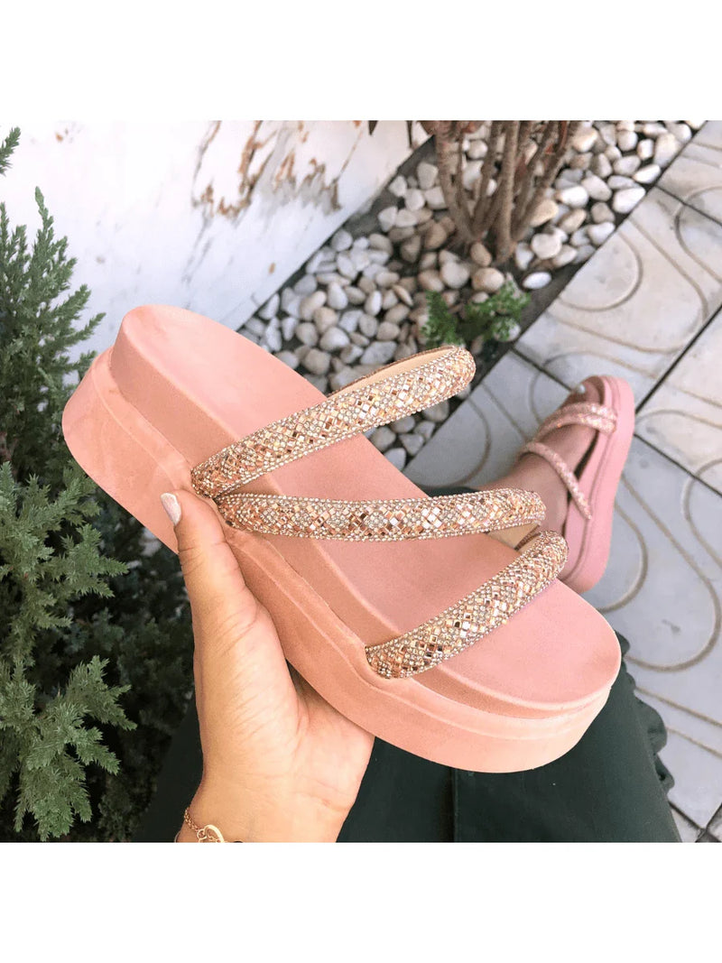 Papete Birken Plataforma Alta Sandália Feminina 3 Tiras Z 15 - Tamanco Anabela Flatform Strass Brilho - Branca Rose Caramelo Preta Pedraira Lançamento