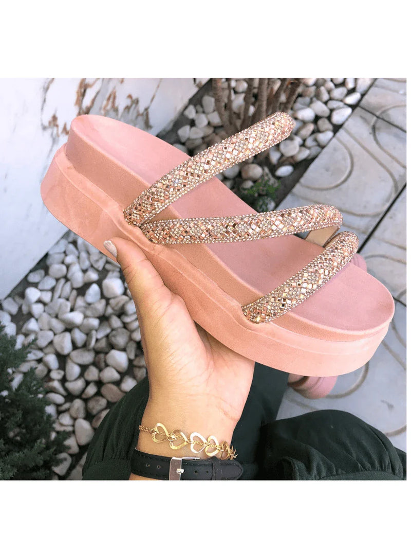 Papete Birken Plataforma Alta Sandália Feminina 3 Tiras Z 15 - Tamanco Anabela Flatform Strass Brilho - Branca Rose Caramelo Preta Pedraira Lançamento
