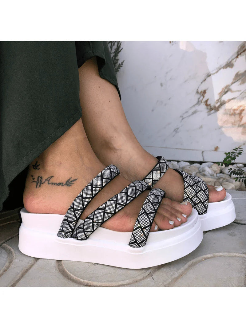 Papete Birken Plataforma Alta Sandália Feminina 3 Tiras Z 15 - Tamanco Anabela Flatform Strass Brilho - Branca Rose Caramelo Preta Pedraira Lançamento
