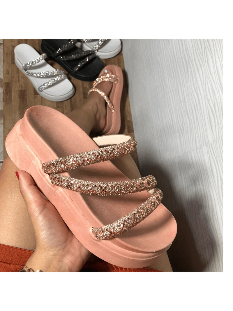 Papete Birken Plataforma Alta Sandália Feminina 3 Tiras Z 15 - Tamanco Anabela Flatform Strass Brilho - Branca Rose Caramelo Preta Pedraira Lançamento