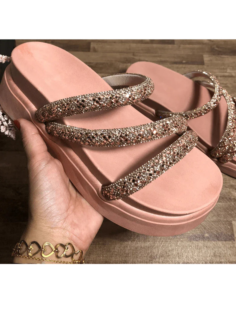 Papete Birken Plataforma Alta Sandália Feminina 3 Tiras Z 15 - Tamanco Anabela Flatform Strass Brilho - Branca Rose Caramelo Preta Pedraira Lançamento