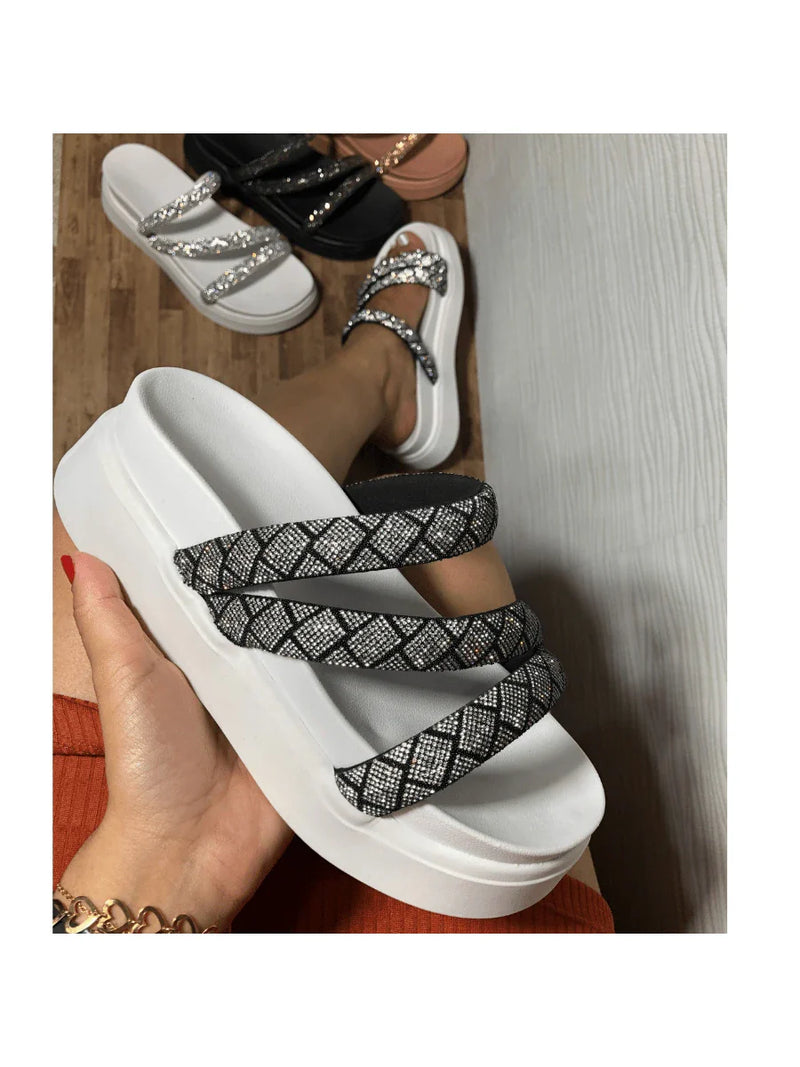 Papete Birken Plataforma Alta Sandália Feminina 3 Tiras Z 15 - Tamanco Anabela Flatform Strass Brilho - Branca Rose Caramelo Preta Pedraira Lançamento
