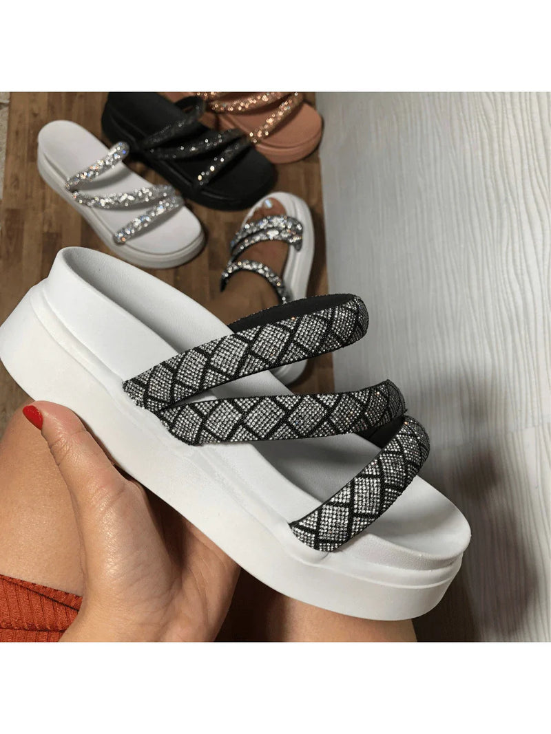 Papete Birken Plataforma Alta Sandália Feminina 3 Tiras Z 15 - Tamanco Anabela Flatform Strass Brilho - Branca Rose Caramelo Preta Pedraira Lançamento