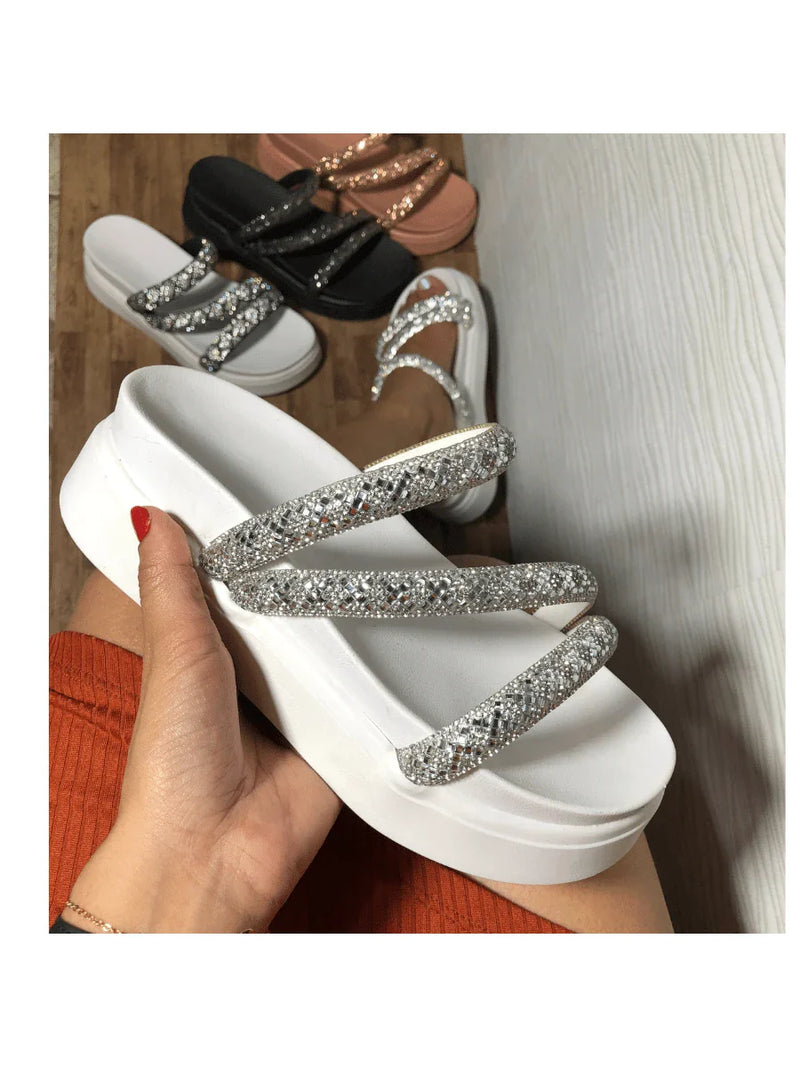 Papete Birken Plataforma Alta Sandália Feminina 3 Tiras Z 15 - Tamanco Anabela Flatform Strass Brilho - Branca Rose Caramelo Preta Pedraira Lançamento