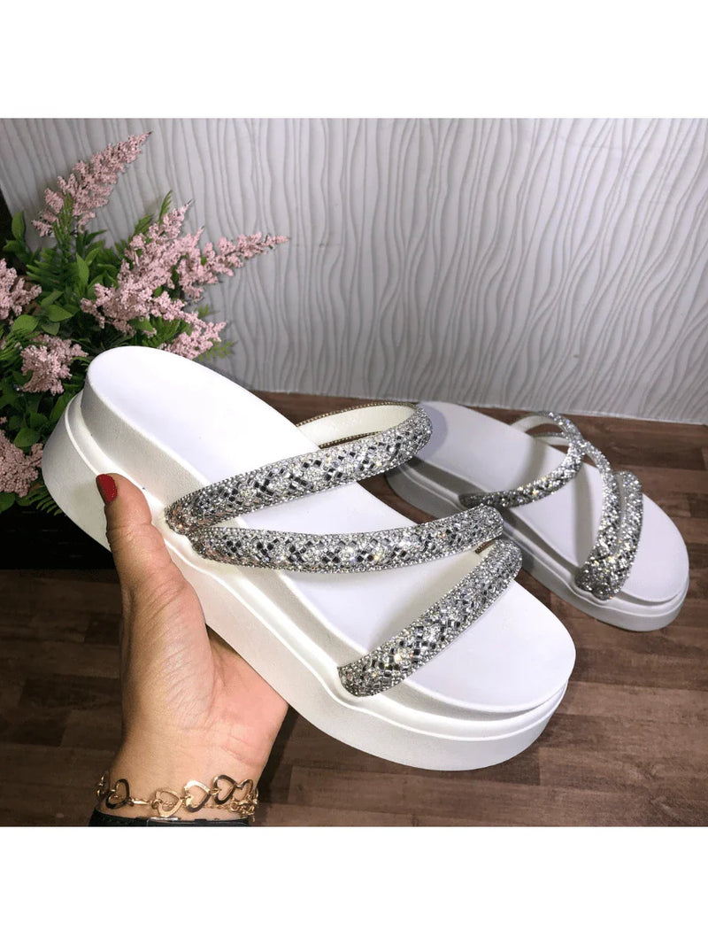Papete Birken Plataforma Alta Sandália Feminina 3 Tiras Z 15 - Tamanco Anabela Flatform Strass Brilho - Branca Rose Caramelo Preta Pedraira Lançamento