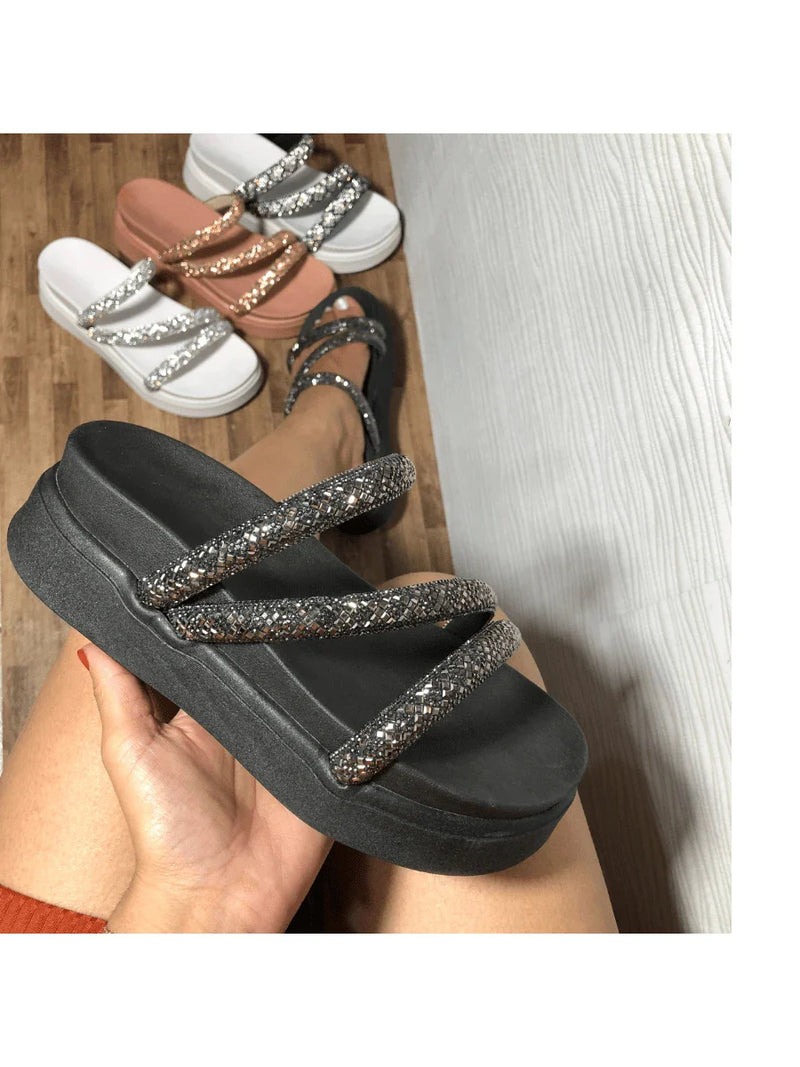 Papete Birken Plataforma Alta Sandália Feminina 3 Tiras Z 15 - Tamanco Anabela Flatform Strass Brilho - Branca Rose Caramelo Preta Pedraira Lançamento