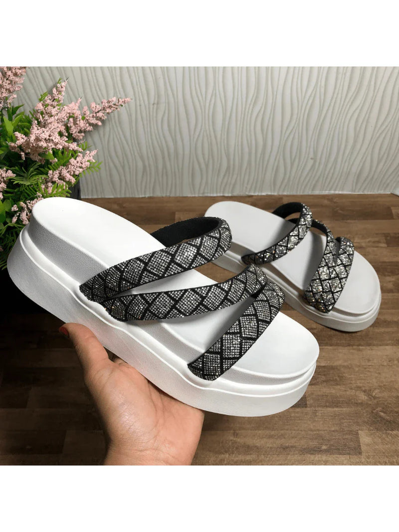 Papete Birken Plataforma Alta Sandália Feminina 3 Tiras Z 15 - Tamanco Anabela Flatform Strass Brilho - Branca Rose Caramelo Preta Pedraira Lançamento