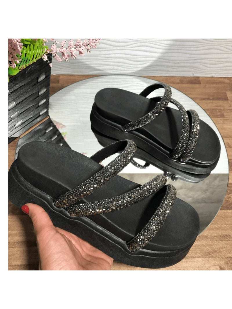 Papete Birken Plataforma Alta Sandália Feminina 3 Tiras Z 15 - Tamanco Anabela Flatform Strass Brilho - Branca Rose Caramelo Preta Pedraira Lançamento