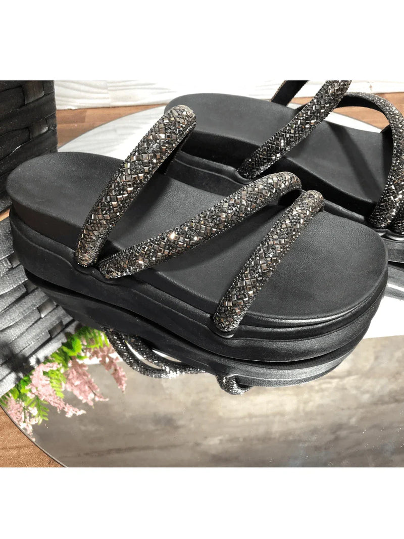 Papete Birken Plataforma Alta Sandália Feminina 3 Tiras Z 15 - Tamanco Anabela Flatform Strass Brilho - Branca Rose Caramelo Preta Pedraira Lançamento
