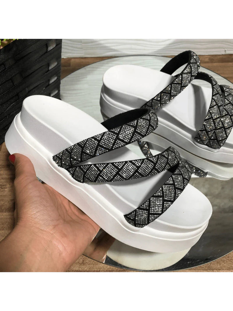 Papete Birken Plataforma Alta Sandália Feminina 3 Tiras Z 15 - Tamanco Anabela Flatform Strass Brilho - Branca Rose Caramelo Preta Pedraira Lançamento