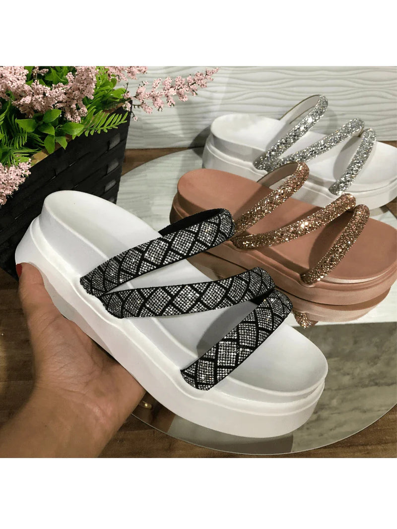 Papete Birken Plataforma Alta Sandália Feminina 3 Tiras Z 15 - Tamanco Anabela Flatform Strass Brilho - Branca Rose Caramelo Preta Pedraira Lançamento