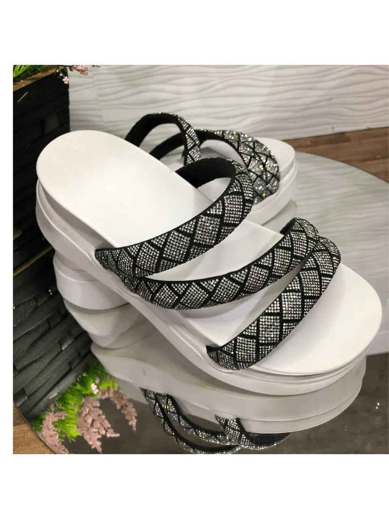 Papete Birken Plataforma Alta Sandália Feminina 3 Tiras Z 15 - Tamanco Anabela Flatform Strass Brilho - Branca Rose Caramelo Preta Pedraira Lançamento