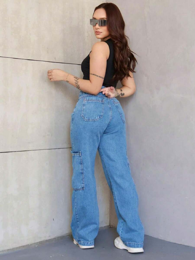 Calça Cargo Jeans Feminina com Bolso Lateral Aberto