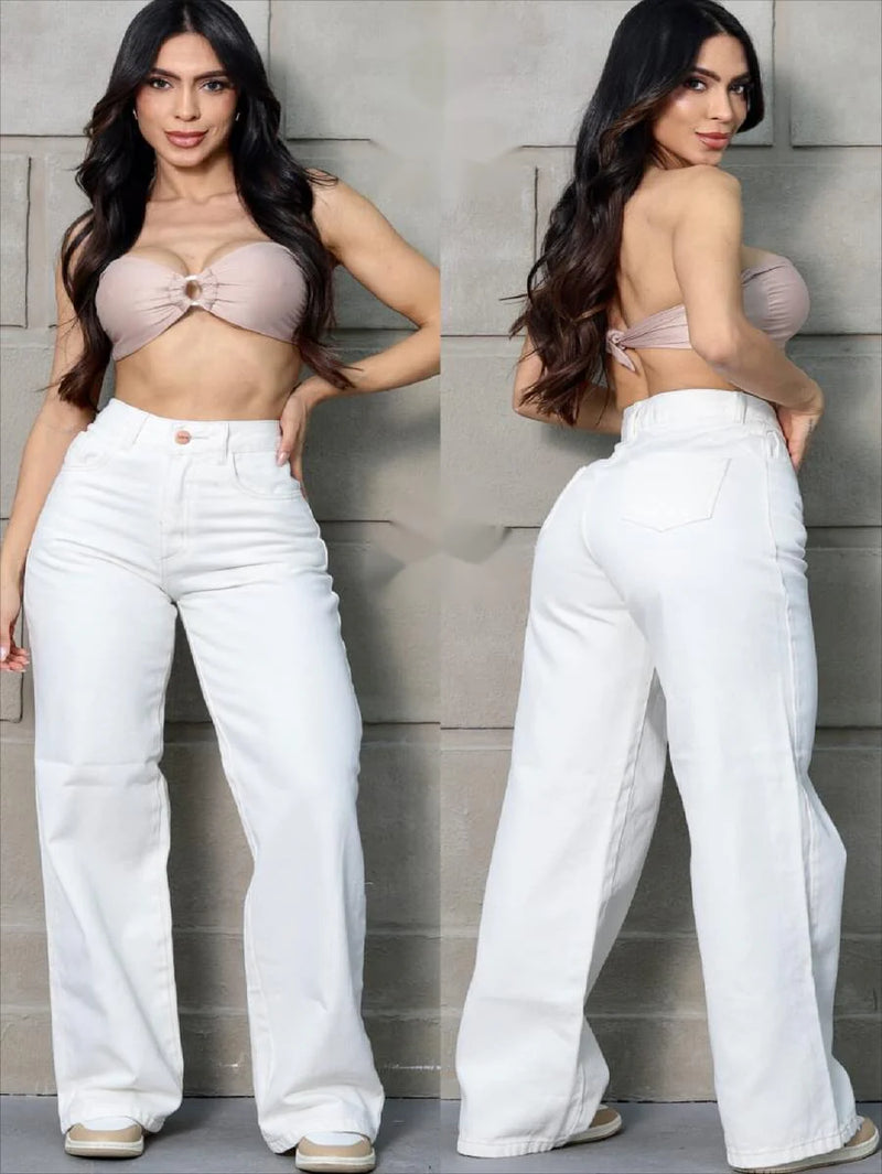 Calça Wide Leg Pantalona Jeans Feminina Cintura Alta Levanta Bumbum