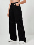 Calça Jeans Feminina Wide Leg Cargo Cintura Alta Tecido Grosso Pantalona Linha