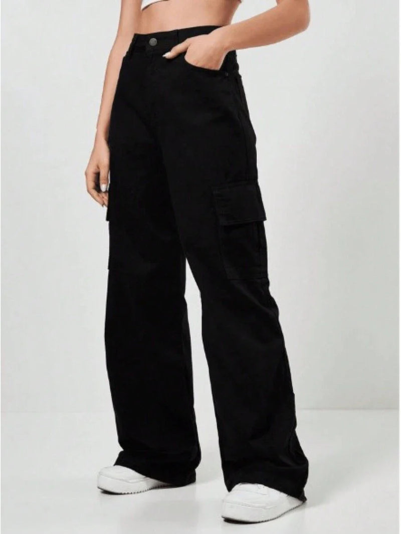 Calça Jeans Feminina Wide Leg Cargo Cintura Alta Tecido Grosso Pantalona Linha