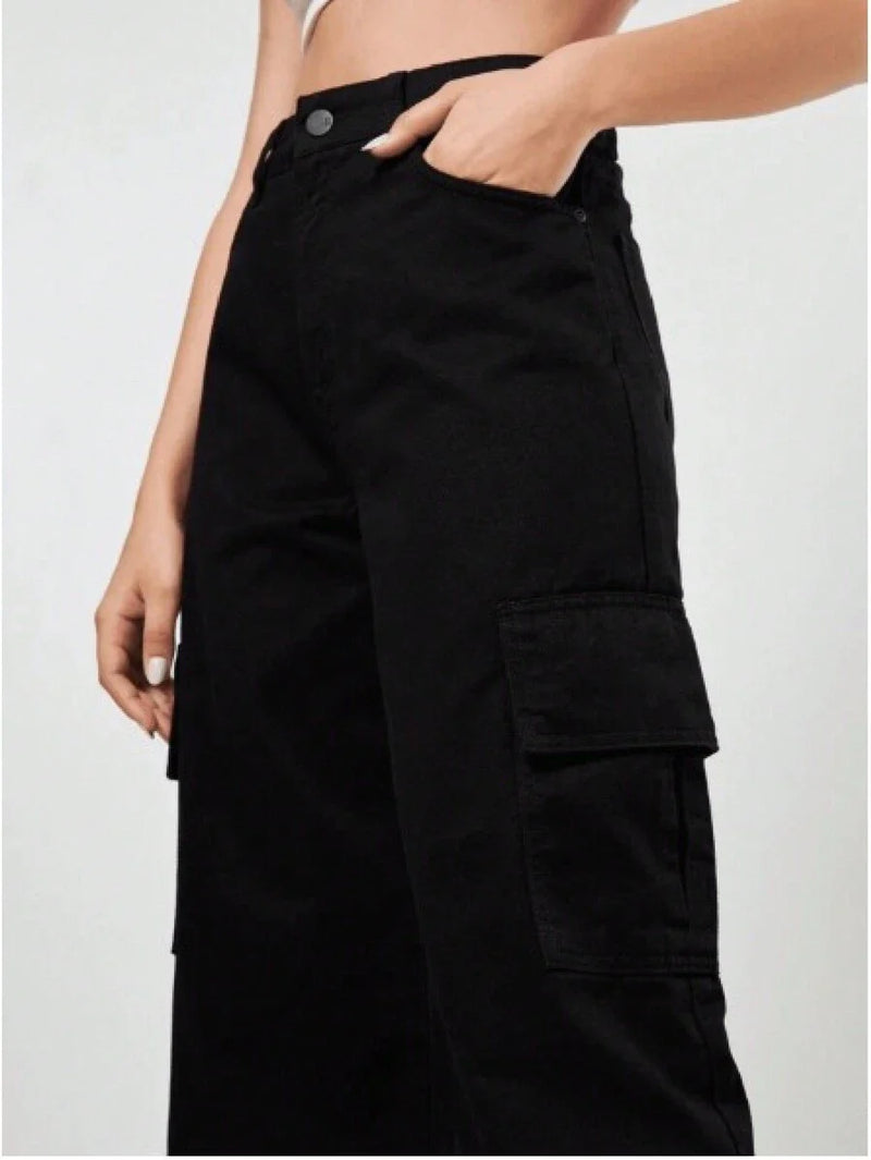 Calça Jeans Feminina Wide Leg Cargo Cintura Alta Tecido Grosso Pantalona Linha