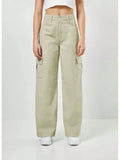 Calça Jeans Feminina Wide Leg Cargo Cintura Alta Tecido Grosso Pantalona Linha