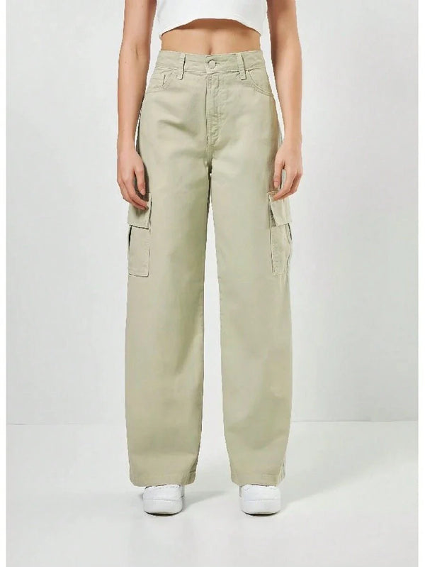 Calça Jeans Feminina Wide Leg Cargo Cintura Alta Tecido Grosso Pantalona Linha