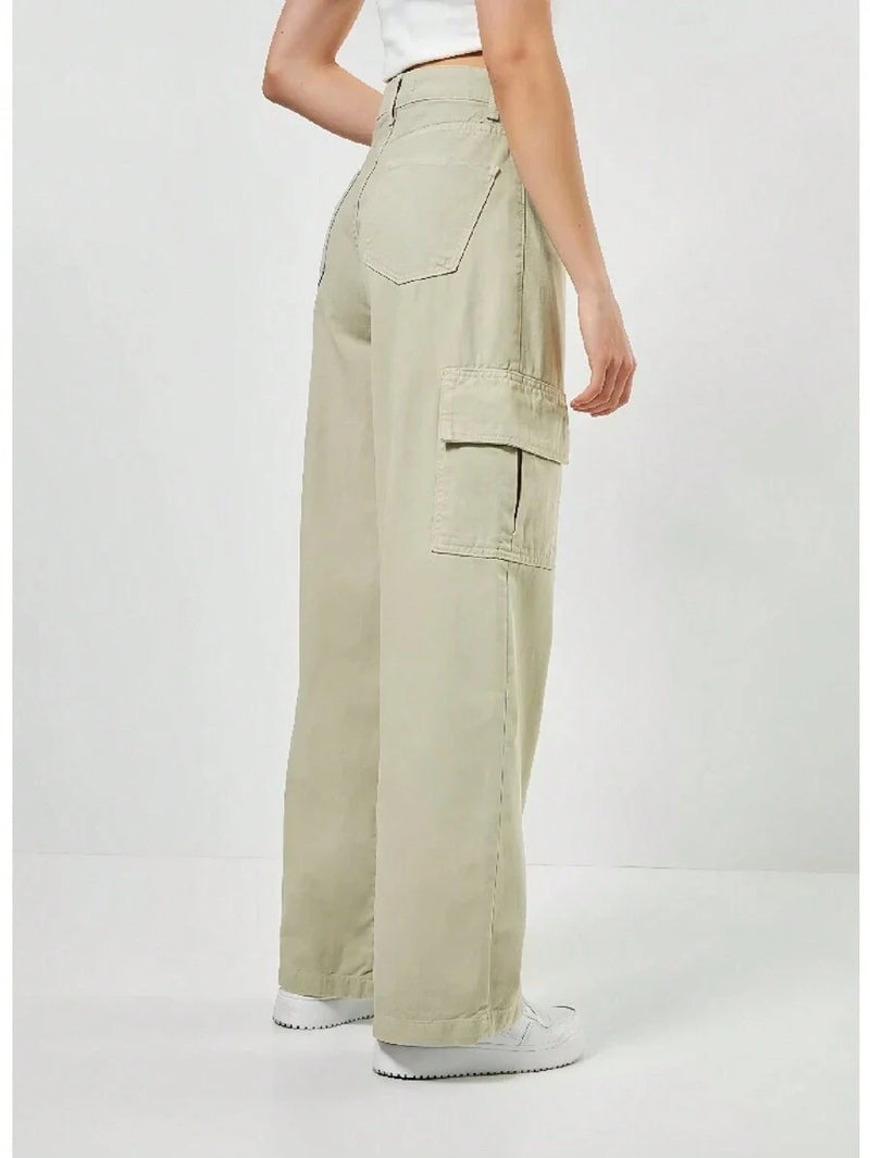 Calça Jeans Feminina Wide Leg Cargo Cintura Alta Tecido Grosso Pantalona Linha