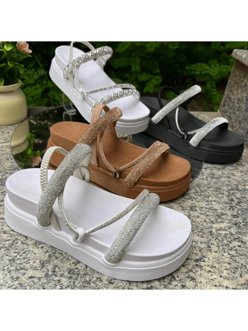 Papete Sandália Feminina Elastico Plataforma Alta confortável Strass Cobrinha Brilho Branca Luxo Caramelo Brilhante