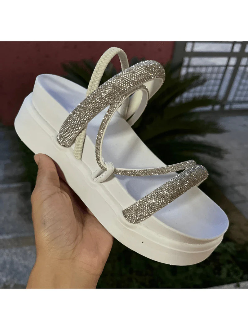 Papete Sandália Feminina Elastico Plataforma Alta confortável Strass Cobrinha Brilho Branca Luxo Caramelo Brilhante