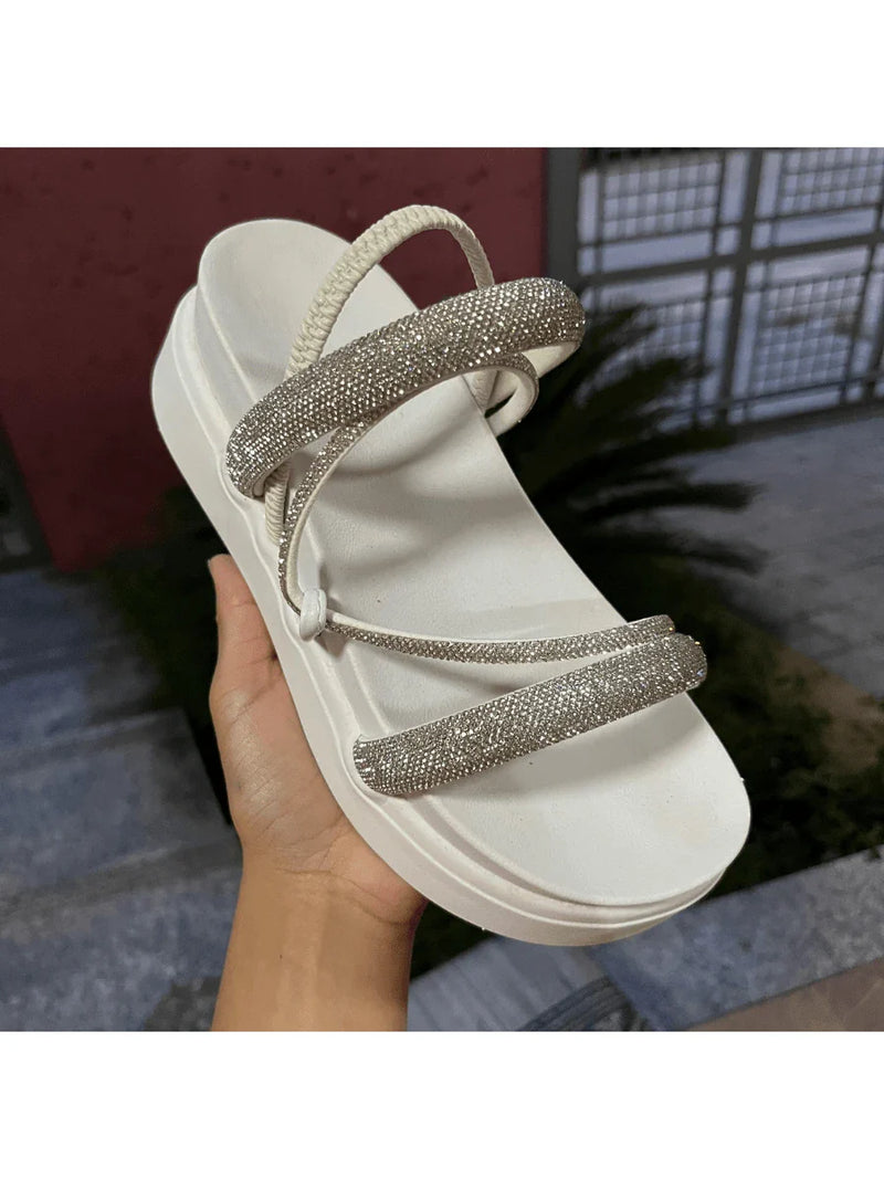 Papete Sandália Feminina Elastico Plataforma Alta confortável Strass Cobrinha Brilho Branca Luxo Caramelo Brilhante