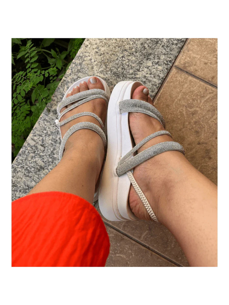 Papete Sandália Feminina Elastico Plataforma Alta confortável Strass Cobrinha Brilho Branca Luxo Caramelo Brilhante