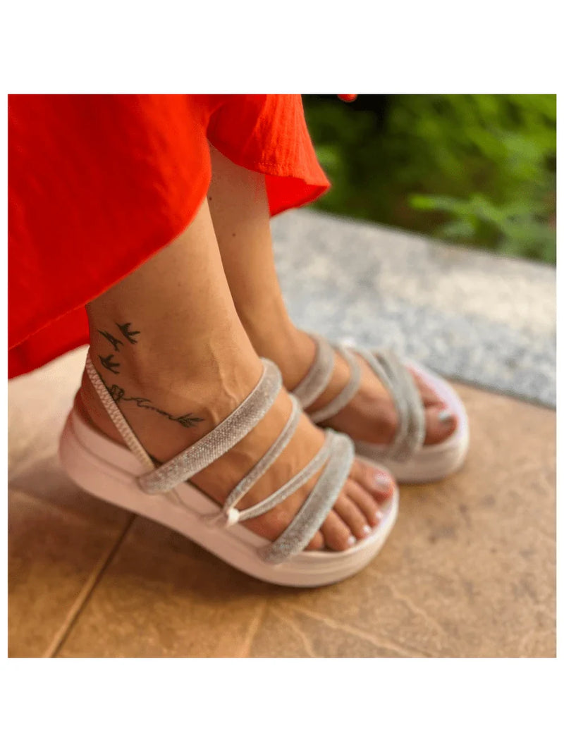 Papete Sandália Feminina Elastico Plataforma Alta confortável Strass Cobrinha Brilho Branca Luxo Caramelo Brilhante