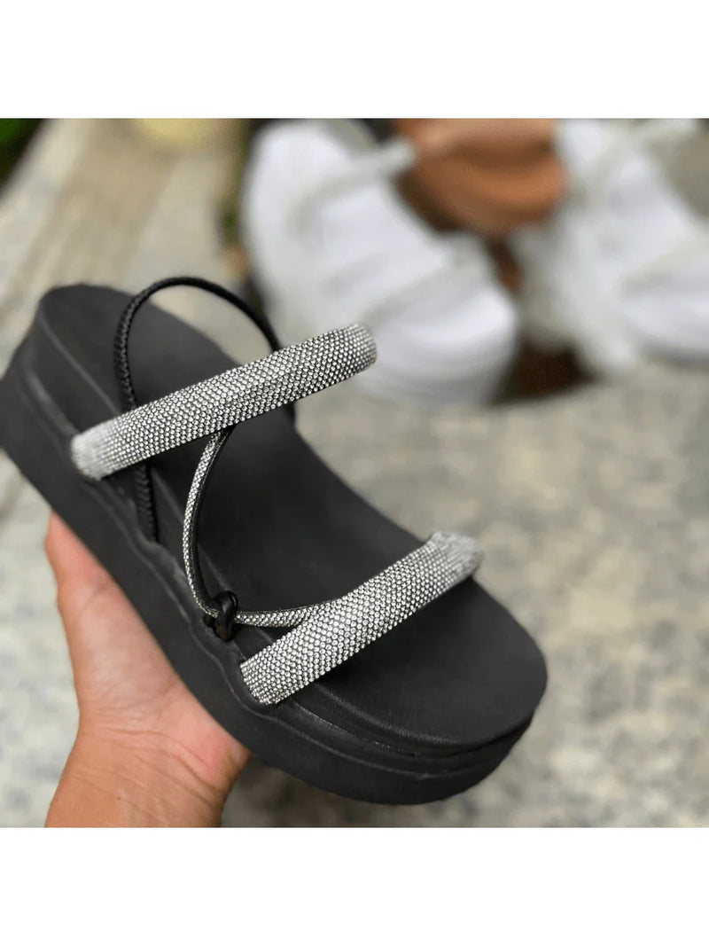 Papete Sandália Feminina Elastico Plataforma Alta confortável Strass Cobrinha Brilho Branca Luxo Caramelo Brilhante