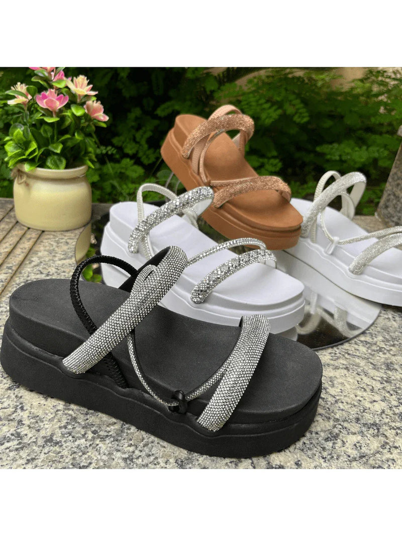 Papete Sandália Feminina Elastico Plataforma Alta confortável Strass Cobrinha Brilho Branca Luxo Caramelo Brilhante