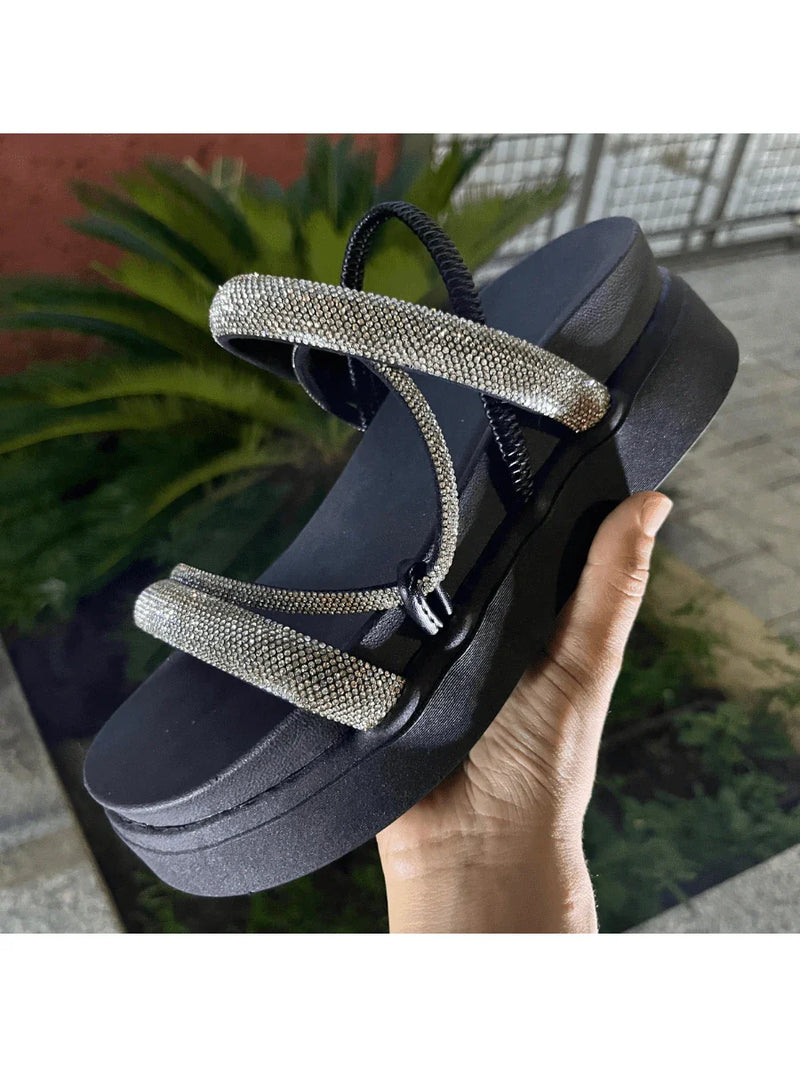 Papete Sandália Feminina Elastico Plataforma Alta confortável Strass Cobrinha Brilho Branca Luxo Caramelo Brilhante