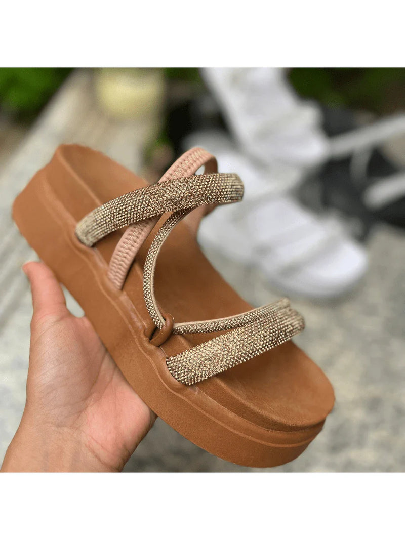 Papete Sandália Feminina Elastico Plataforma Alta confortável Strass Cobrinha Brilho Branca Luxo Caramelo Brilhante