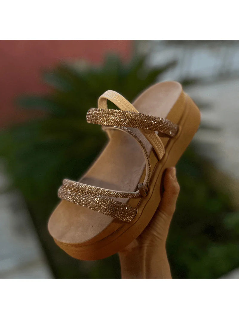 Papete Sandália Feminina Elastico Plataforma Alta confortável Strass Cobrinha Brilho Branca Luxo Caramelo Brilhante