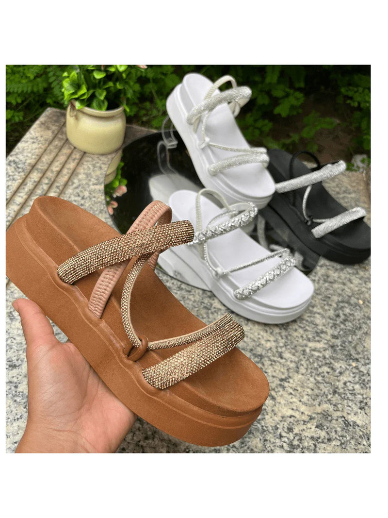 Papete Sandália Feminina Elastico Plataforma Alta confortável Strass Cobrinha Brilho Branca Luxo Caramelo Brilhante