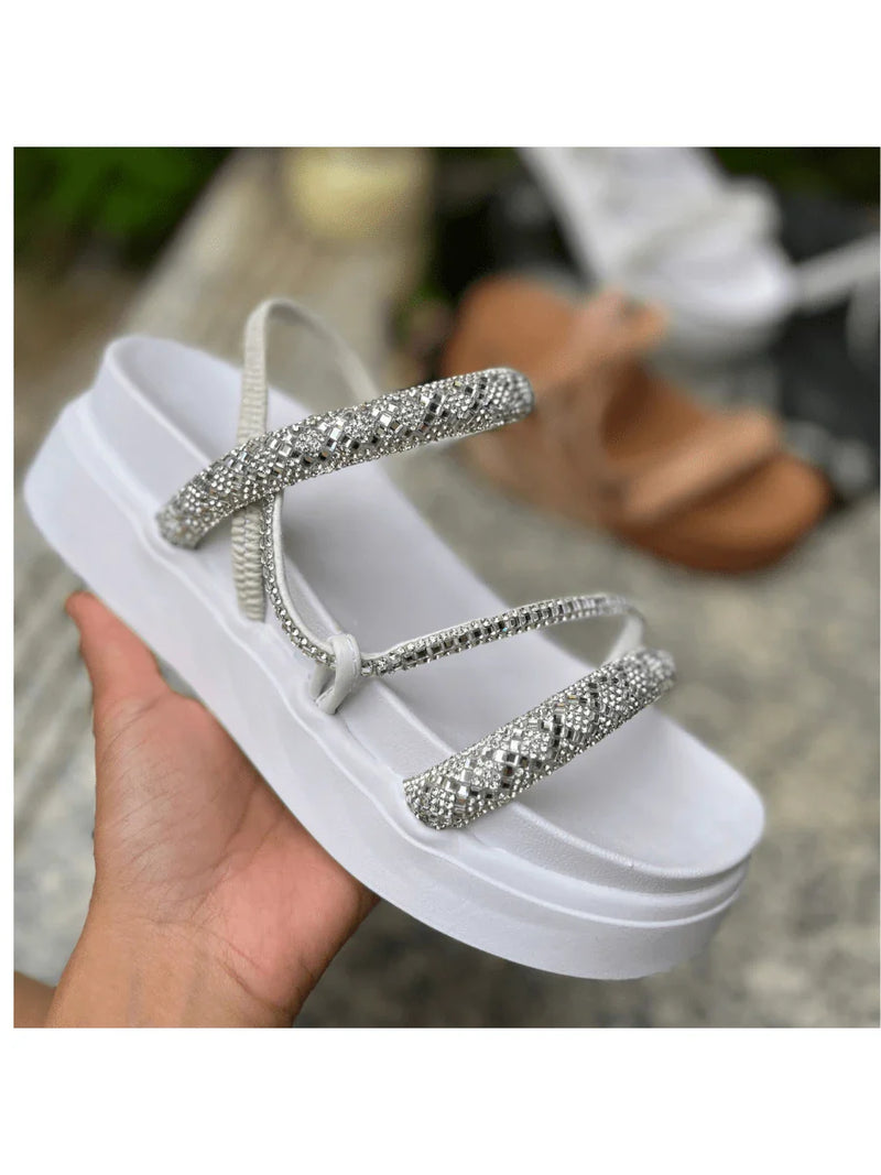 Papete Sandália Feminina Elastico Plataforma Alta confortável Strass Cobrinha Brilho Branca Luxo Caramelo Brilhante