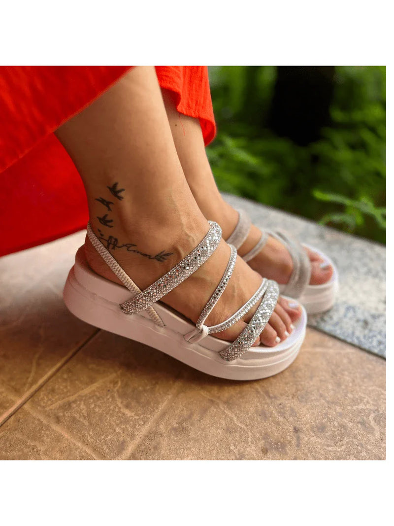 Papete Sandália Feminina Elastico Plataforma Alta confortável Strass Cobrinha Brilho Branca Luxo Caramelo Brilhante