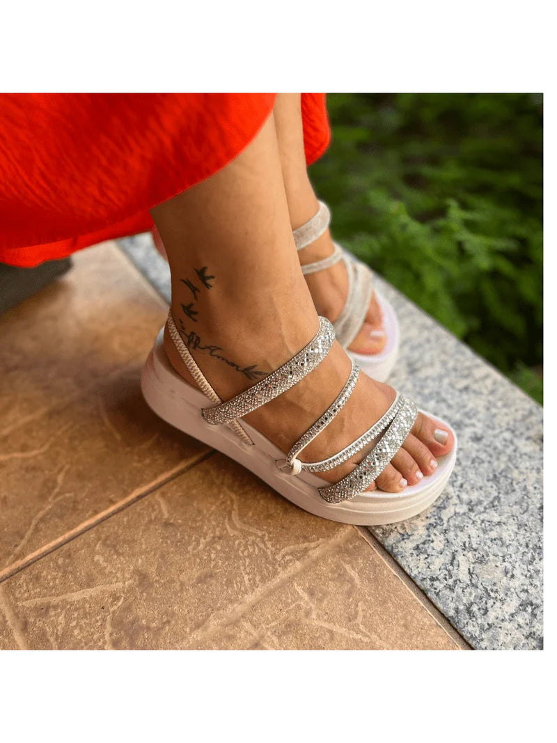 Papete Sandália Feminina Elastico Plataforma Alta confortável Strass Cobrinha Brilho Branca Luxo Caramelo Brilhante