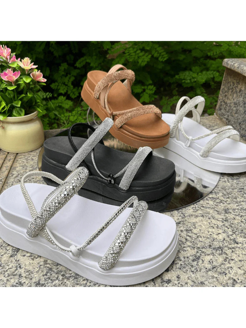 Papete Sandália Feminina Elastico Plataforma Alta confortável Strass Cobrinha Brilho Branca Luxo Caramelo Brilhante