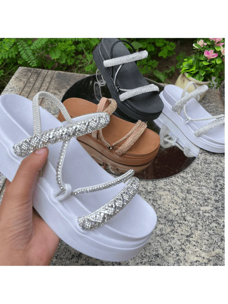 Papete Sandália Feminina Elastico Plataforma Alta confortável Strass Cobrinha Brilho Branca Luxo Caramelo Brilhante