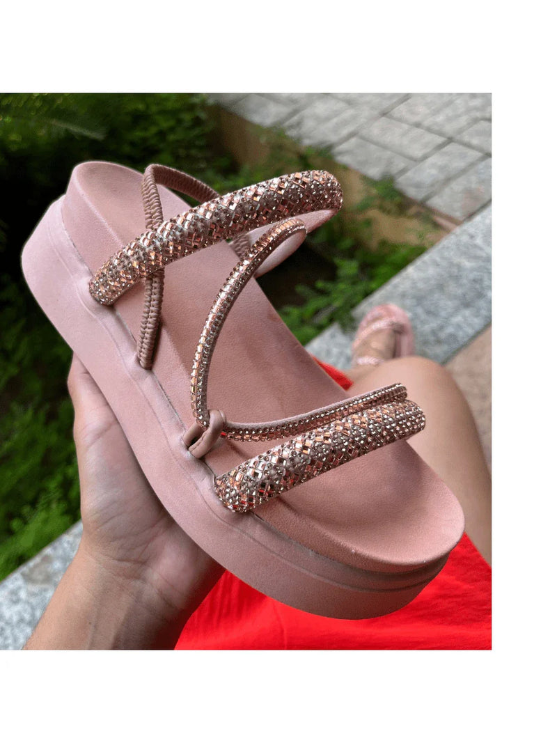 Papete Sandália Feminina Elastico Plataforma Alta confortável Strass Cobrinha Brilho Branca Luxo Caramelo Brilhante