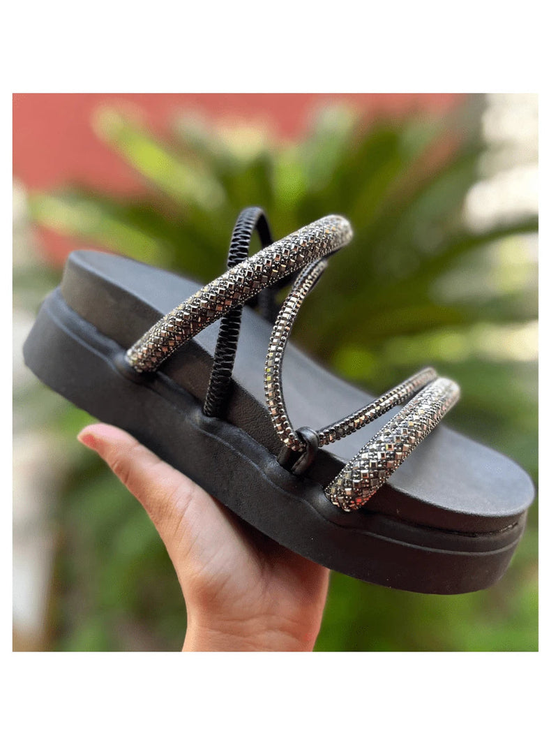 Papete Sandália Feminina Elastico Plataforma Alta confortável Strass Cobrinha Brilho Branca Luxo Caramelo Brilhante