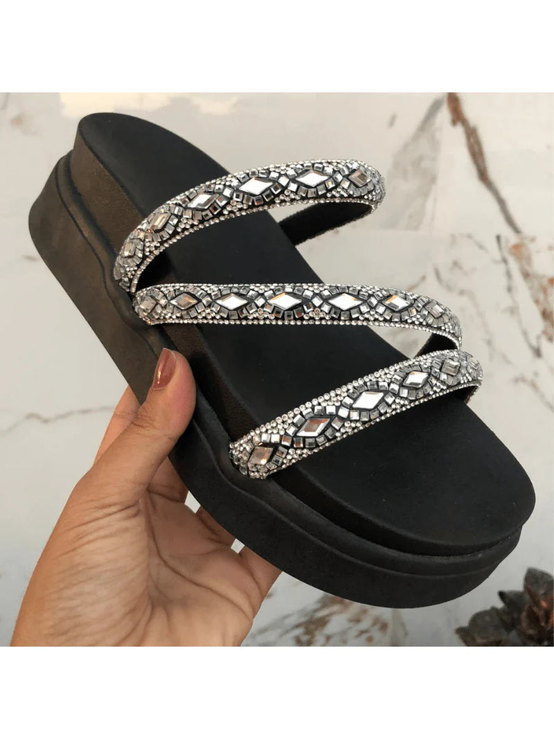 Papete Birken Plataforma Alta Sandália Feminina 3 Tiras Z 15 - Tamanco Anabela Flatform Strass Brilho - Branca Rose Caramelo Preta Pedraira Lançamento